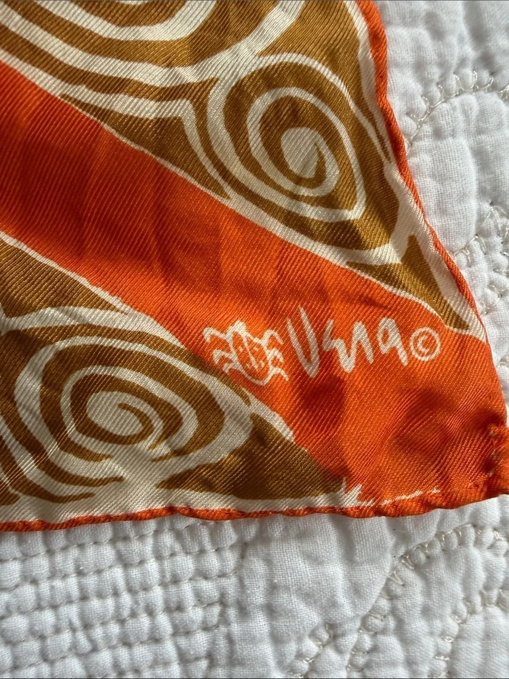 Vera Vintage Silk Scarf Orange Ribbon Rays Gold Swirl Print 26” Square